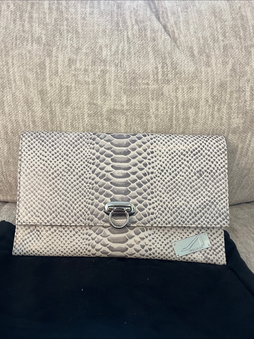 Apolinar Neutral Snake-Embossed Clutch Bag with Silver Hardware